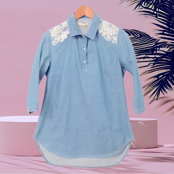 🆕 SCUSI - Denim-look Tunic - Lace Shoulders - Size M 🌺🌺🌺 - Picture 7 of 15